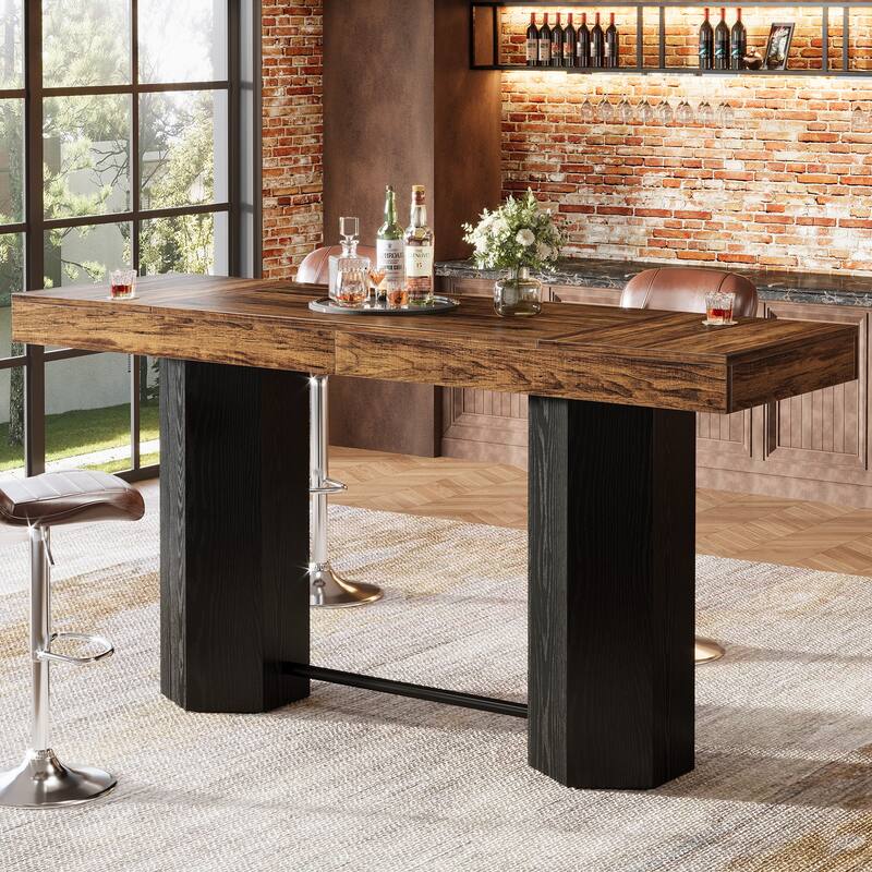 Industrial Bar Table 70.9" Rectangular Home Bar Unit with Footrest - Brown+Black