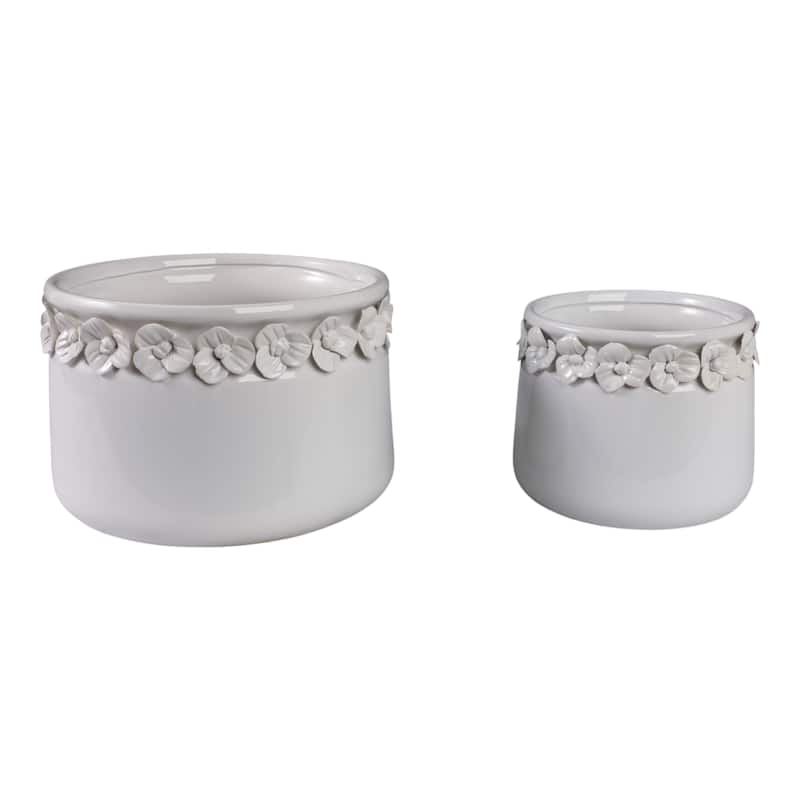 Ceramic Round Planter Sculpted Floral Rim Detail and Drainage Hole