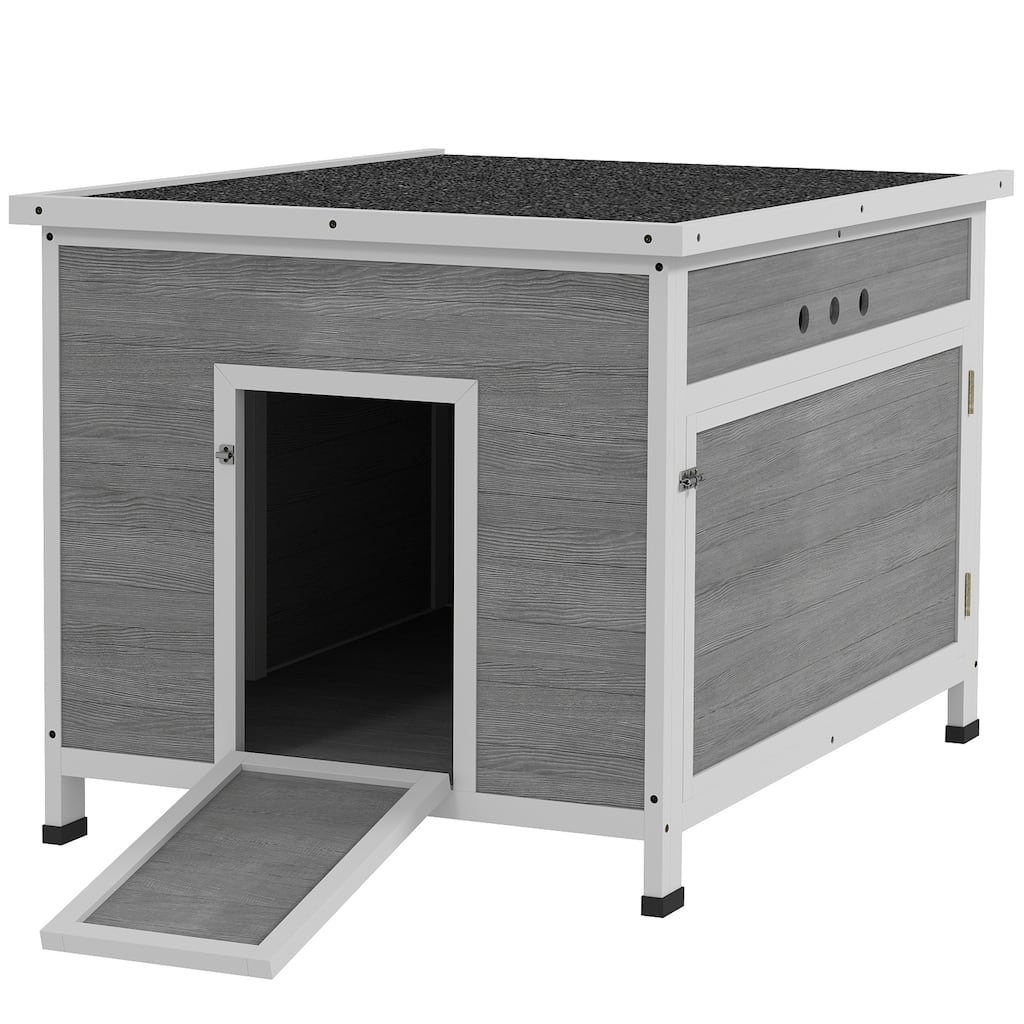 PawHut Duck Coop, Wooden Rabbit Hutch with Openable Roof, Removable Floor, Double Doors, Ramp, Weatherproof Pet House,