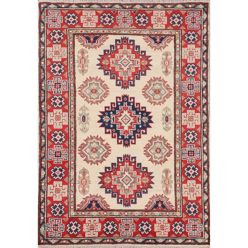 Ivory Kazak Foyer Rug Hand-Knotted Wool Carpet - 2'9" x 4'1"