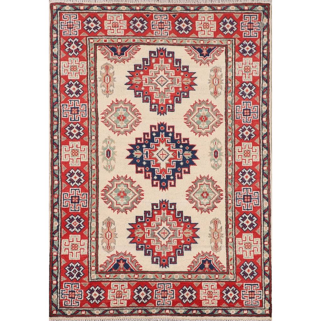 Ivory Kazak Foyer Rug Hand-Knotted Wool Carpet - 2'9" x 4'1"