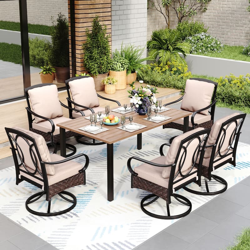 7 Pieces Patio Dining Set, 60 Inch Rectangular Metal Table and Rattan Dining Chairs - +Swivel Chairs