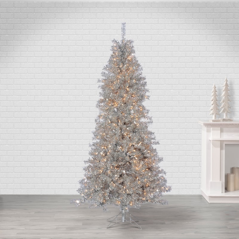 7.5 Foot Silver Curly Tinsel Tree with 550 Clear Lights - N/A