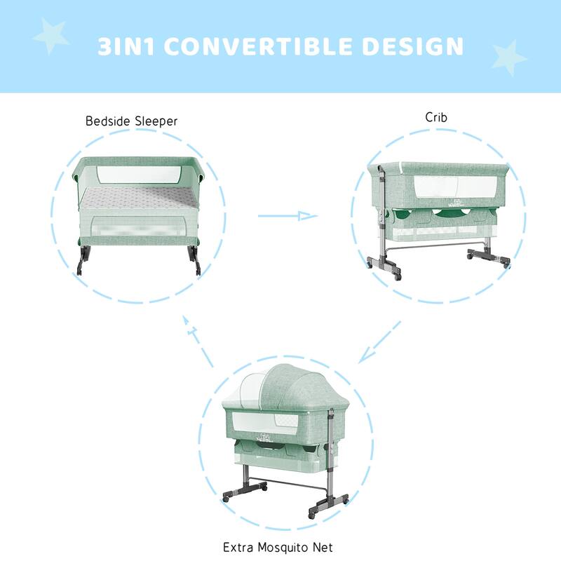 Adjustable Height Baby Bedside Sleeper Crib with Removable Mosquito Net Cover and Wheels