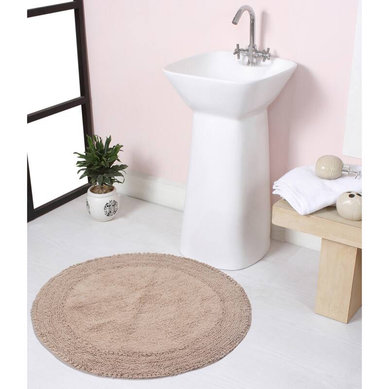 Double Ruffle Cotton Bathroom Rug, Water Absorbent Bath Rug, Non Slip Shower Rug Machine Washable 28" Round - Linen