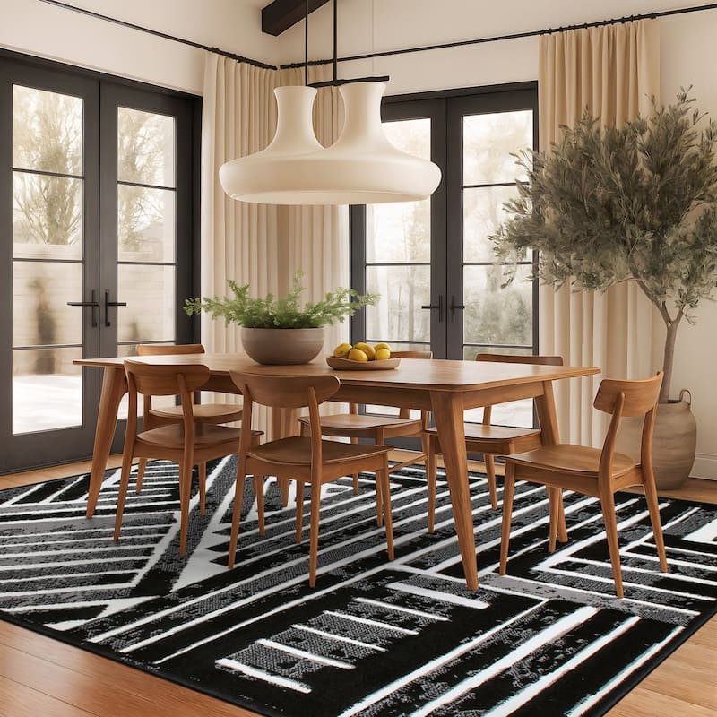 World Rug Gallery Contemporary Stripe Design Black / Gray / Ivory Area Rug