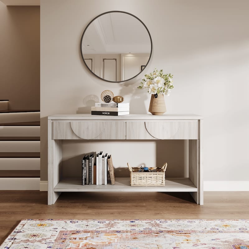 Console Table with Carved Drawers, Wood Sofa Table with Tiered Bottom Shelf, Entryway Accent Table for Living Room