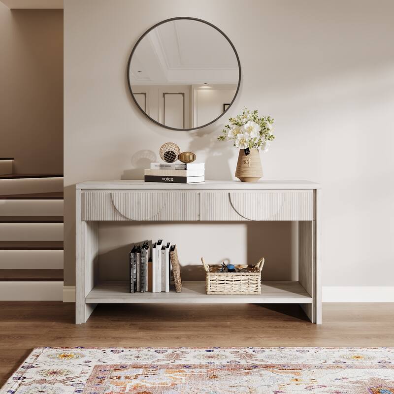Farmhouse Style Console Table - 55.12" Long Distressed Wood Sofa Table with Storage Drawers & Open Shelf