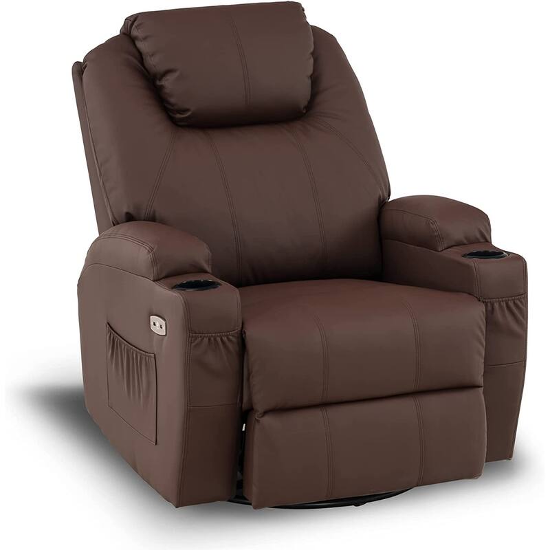 MCombo Manual Swivel Glider Rocker Recliner Chair with Massage and Heat, Faux Leather 8031 - Light Brown