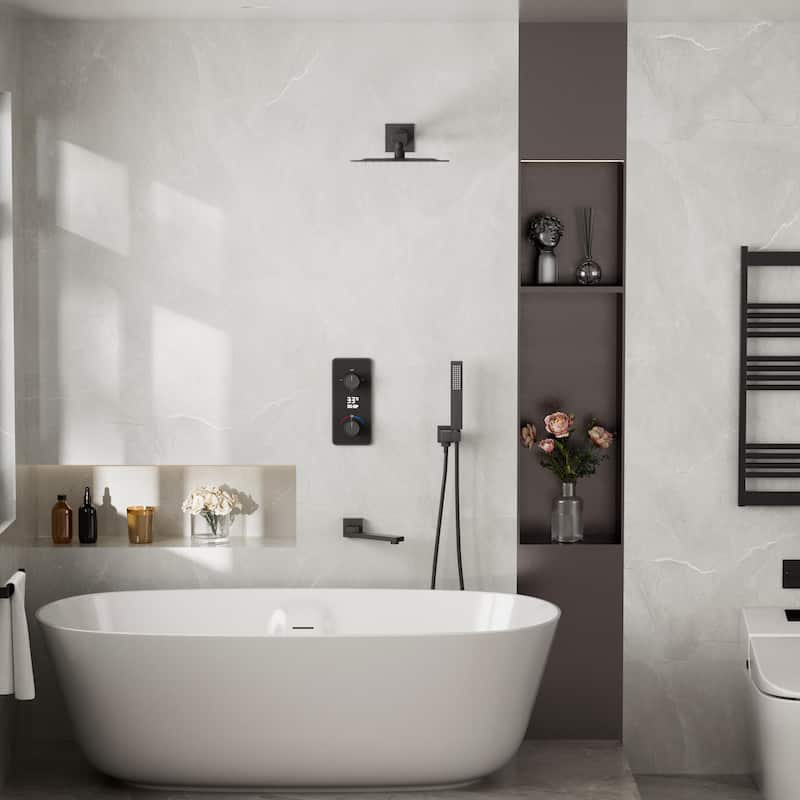 3-Way Thermostatic Complete Rainfall Shower System with Rough in-Valve Rain Shower Heads,Black/Gold