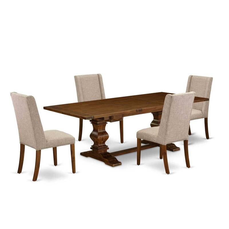 5-Piece Wood Dining Set - Rectangular Table & 4 Linen Fabric Chairs - Walnut Finish