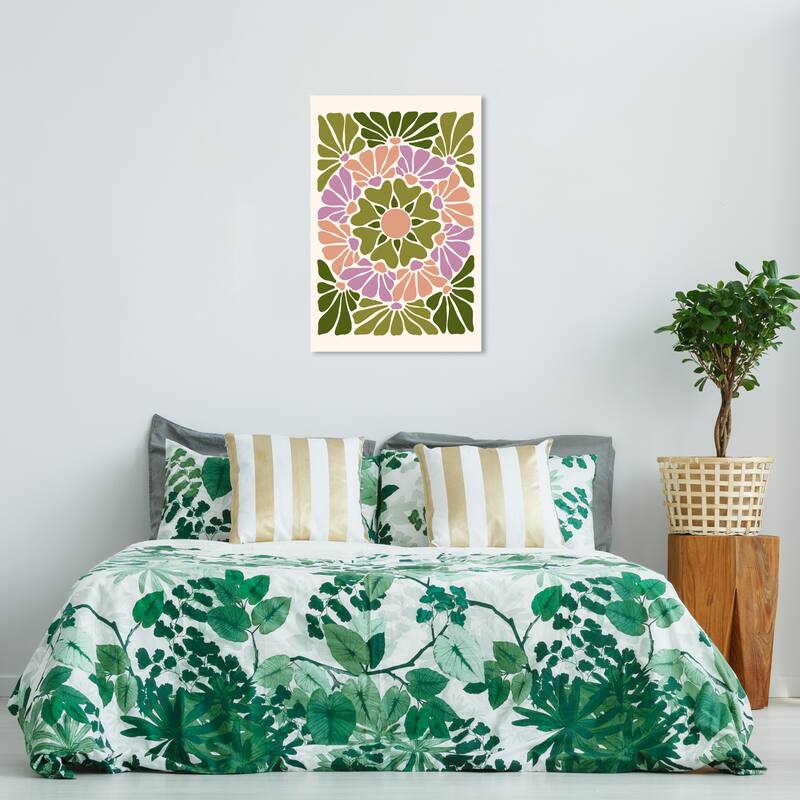 Wynwood Studio Canvas Floral and Botanical Greenery Circle Poster Green and Pink Modern & Contemporary Wall Art Canvas Print - 24 x 36