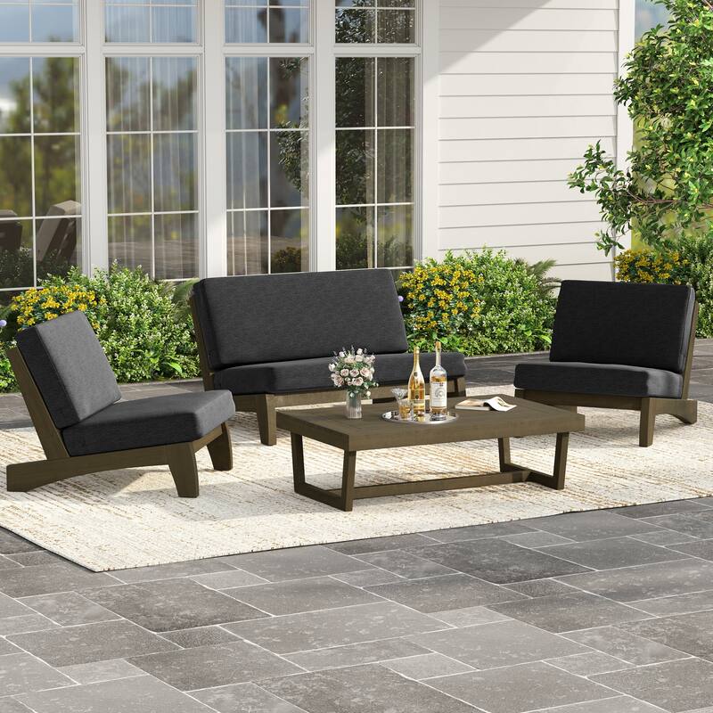 4 Piece Outdoor Wood Loveseat Chair Conversation Set with Cushion