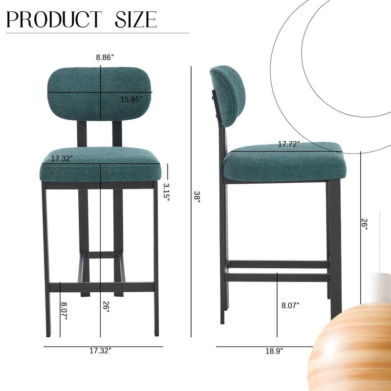 Bar Stools Set of 2, 26 inch Modern Upholstered Fabric Counter Height Barstools, Kitchen Island Chairs for Dining Room