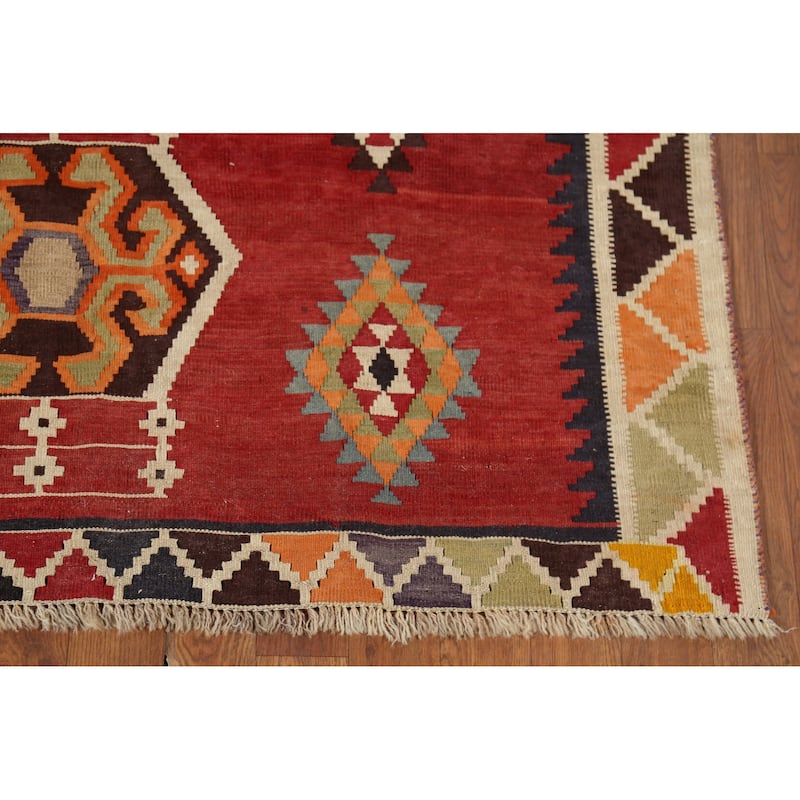 Kilim Qashqai Persian Vintage Rug Hand-Knotted Red Wool Carpet - 4'2"x 7'11"