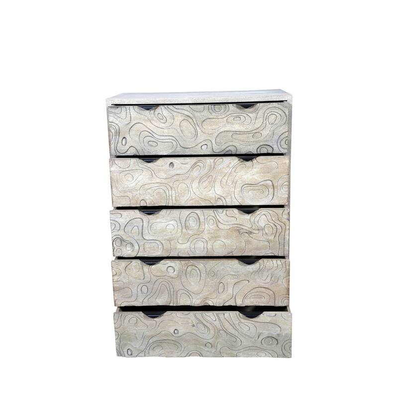 HomeRoots 35" Gray Carved Abstract Solid Wood Five Drawer Dresser