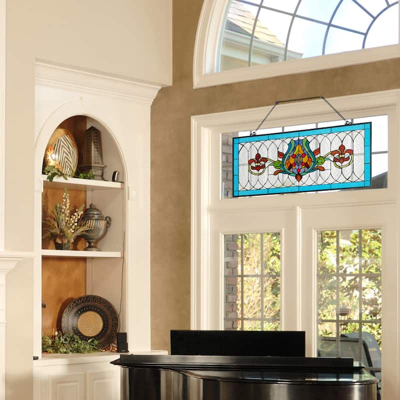 River of Goods Fleur De Lis Stained Glass Pub Window Panel - 30"L x 0.25"W x 14"H