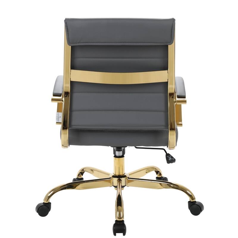 Benmar Mid-Back Leather Office Desk Chair in Gold Stainless Steel Frame Adjustable Height Tilt Lock 360 Swivel Ergonomic Chair