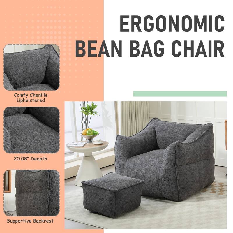 Boucle Upholstered Deep Seat Armless Square Bean Bag Chair with Ottoman