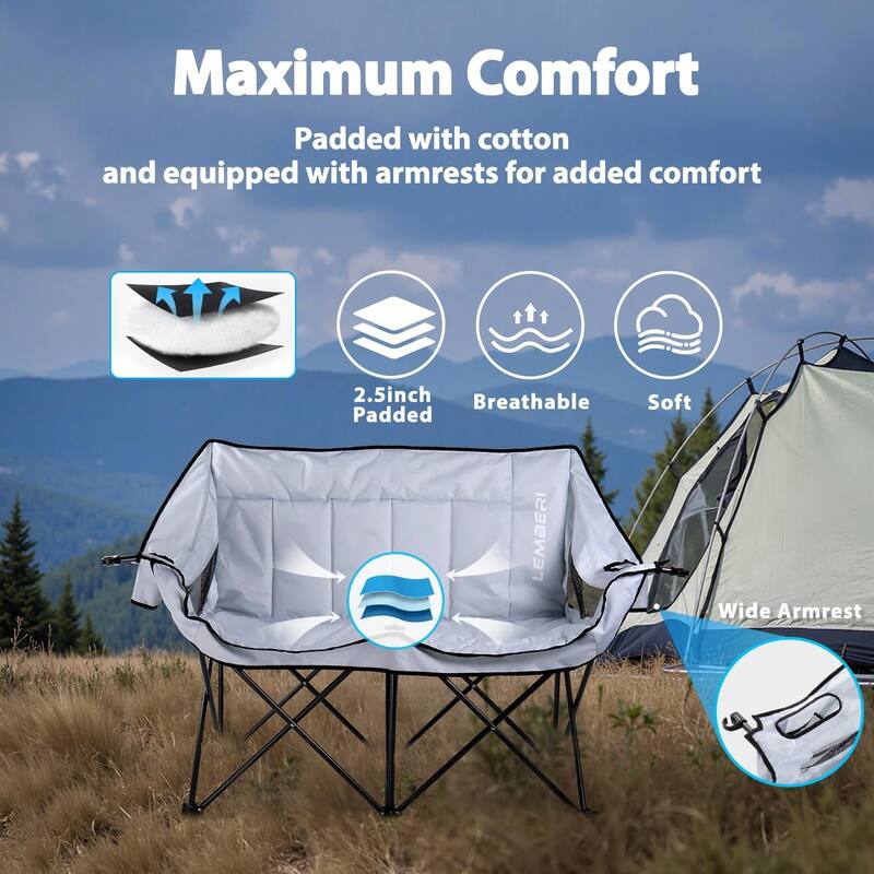 BOSSIN Double Outdoor Camping Chair - Heavy-Duty 650lb XL Folding Loveseat with Cup Holders, Back Storage & Carry Strap