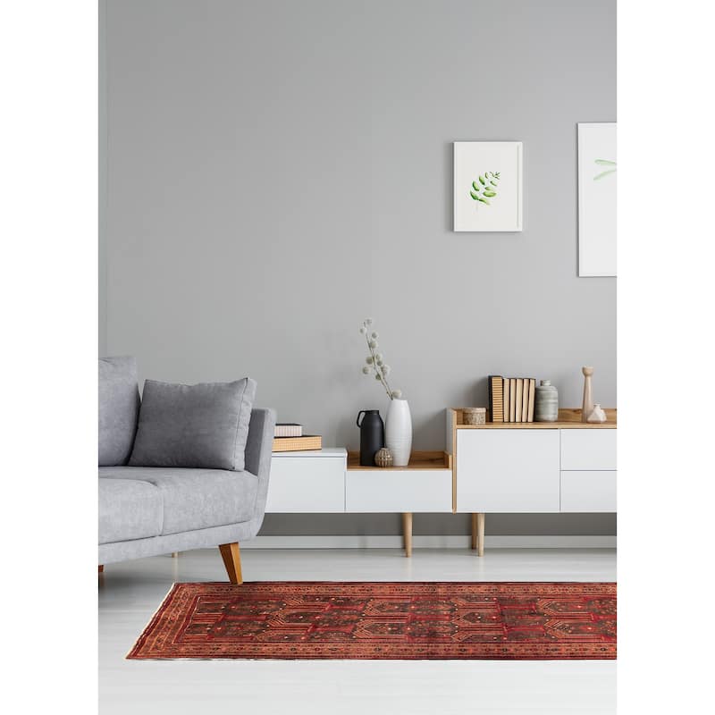 Hand-knotted Authentic Turkish Grey, Red Wool Rug - 4'2" x 9'8" Runner/4'2 x 9'8