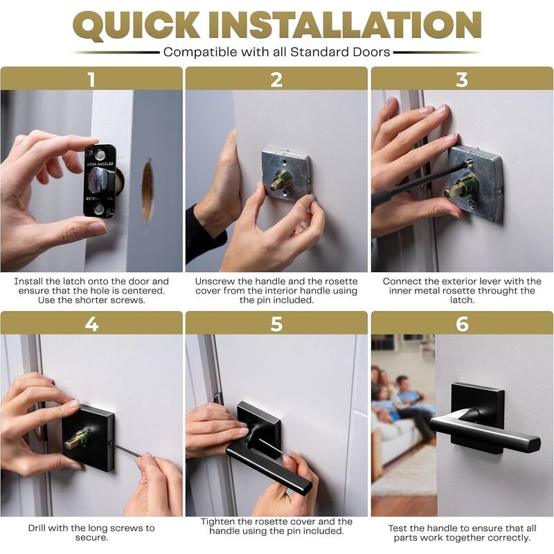 Mega Handles PRIME Reversible Passage Door Levers with Square Rosette | Modern Interior Handle for Bedroom, Bathroom, Hallway