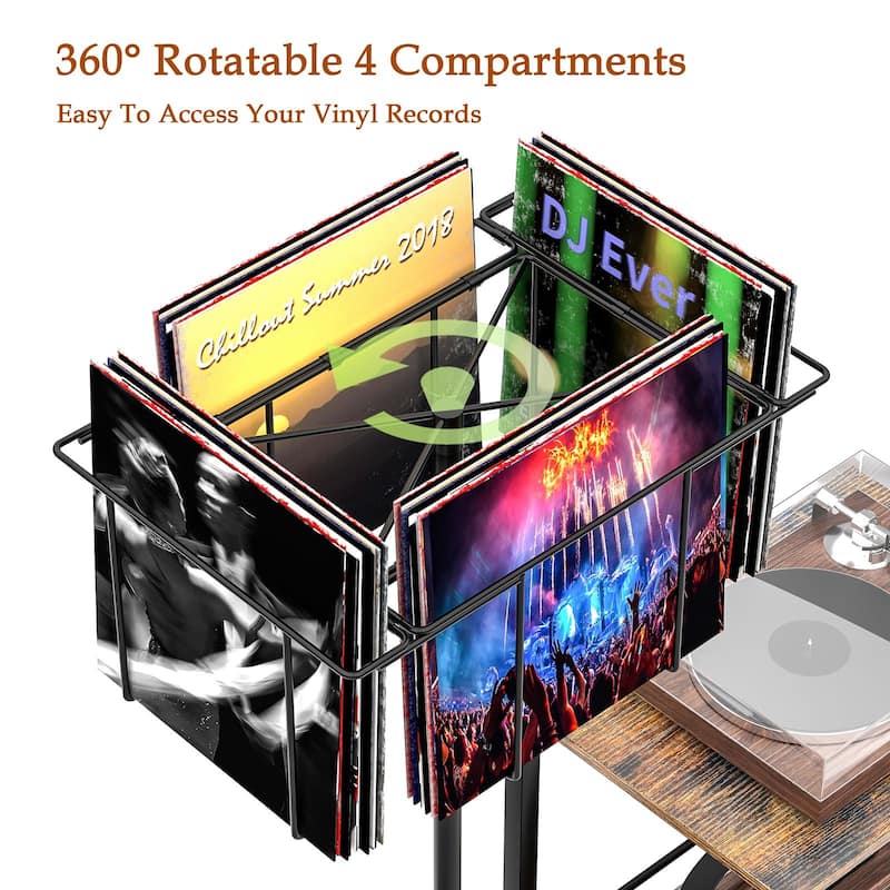 Anmytek Record Player Stand & Table - 6-Tier Rotating Vinyl Storage, Holds 300 Albums, Display Shelf for Bedroom & Living Room