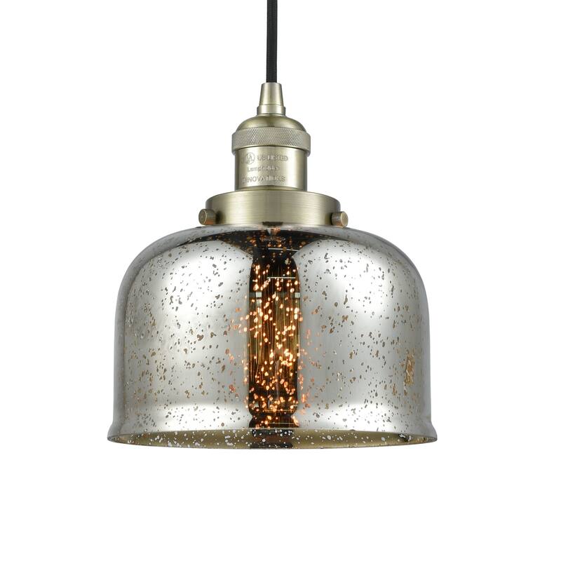 Innovations Lighting Large Bell 8" Wide Mini Pendant - Cord Suspension - Antique Brass / Silver Mercury