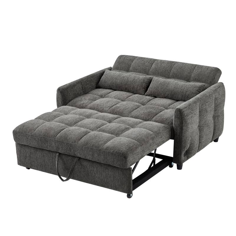 Chenille Loveseat Sofa Pull-out Sofa Bed, Upholstered Futon Sofa Adjustable Backrest Lounge Couch w3 USB Ports & 2 Pillows