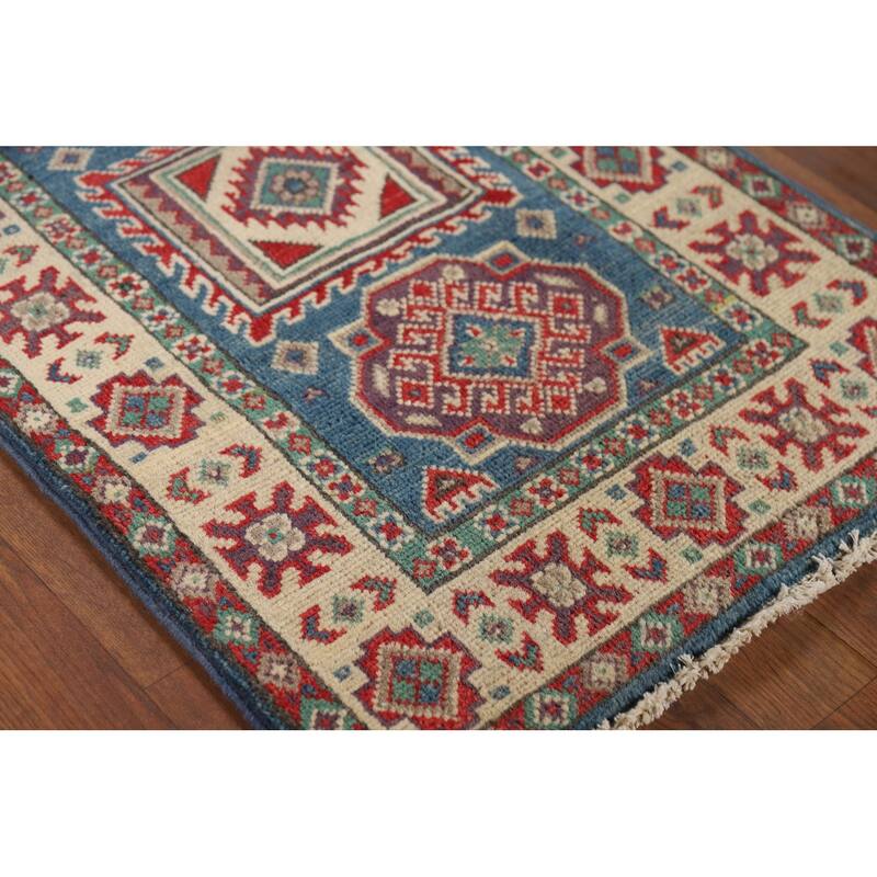 Blue Geometric Kazak Foyer Rug Handmade Wool Carpet - 2'0" x 3'0"
