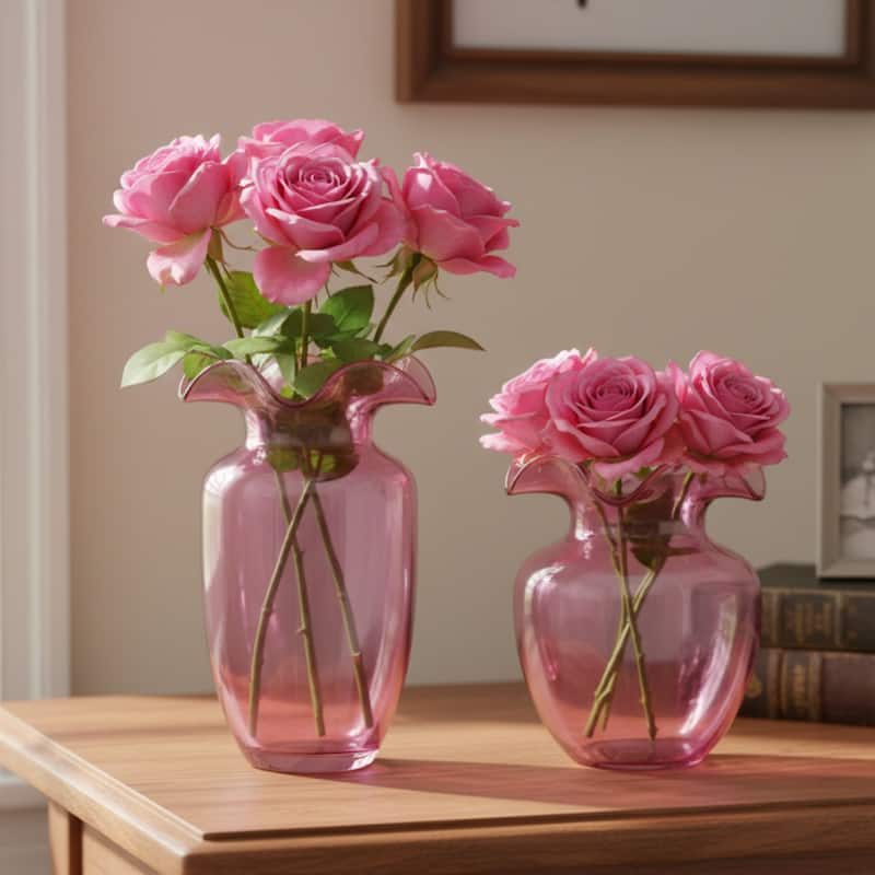 Fleurine Set of 2 Fluted Blooming Decorative Glass Flower Table Vases