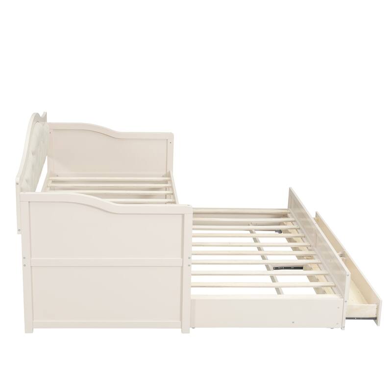 Wooden Frame Day Bed, Twin Size Daybed with Trundle Bed, Upholstered Tufted Button Backrest Sofa Bed with 2 Storage Drawers