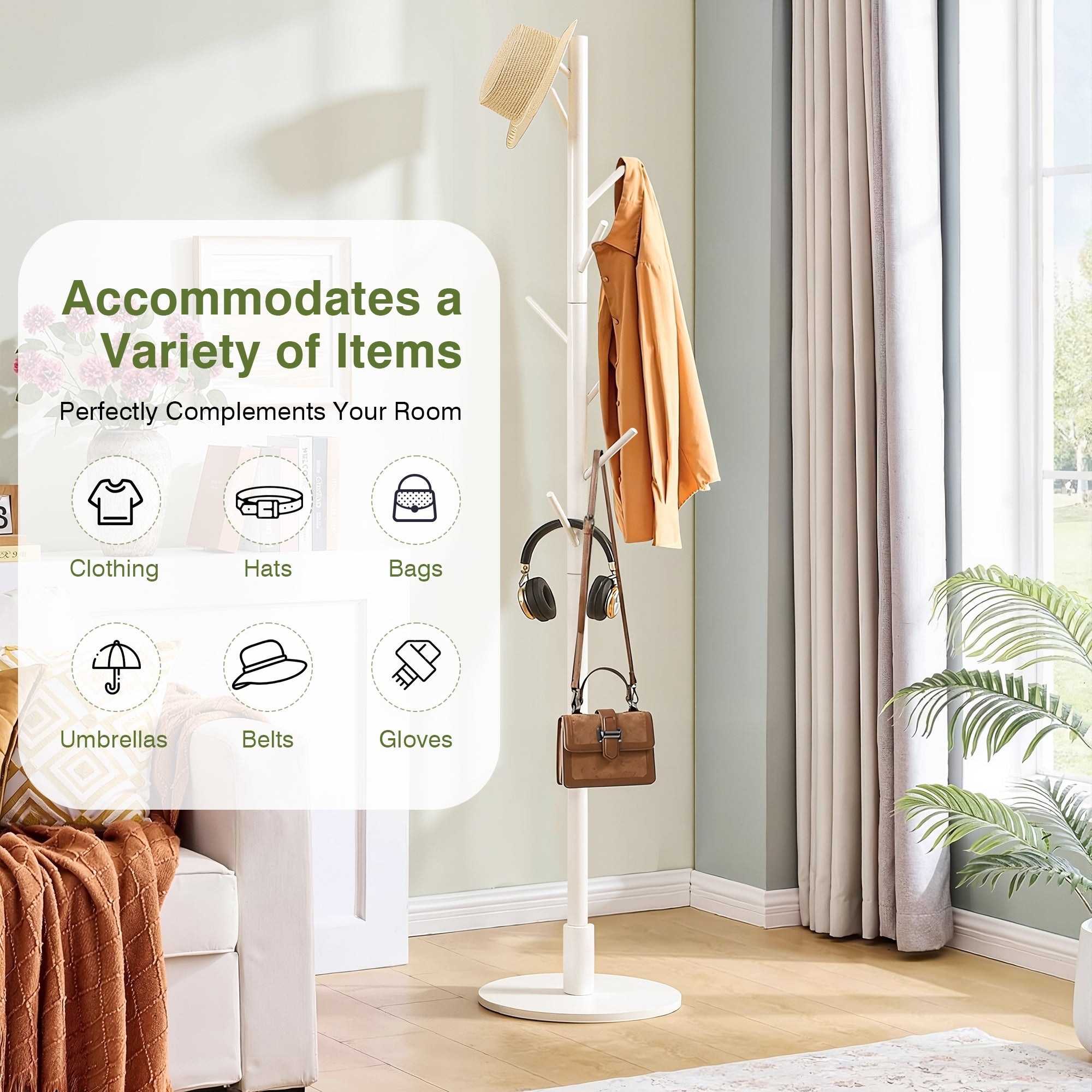 VECELO Height Adjustable Bamboo Tree Coat Rack with 8 Hooks Round