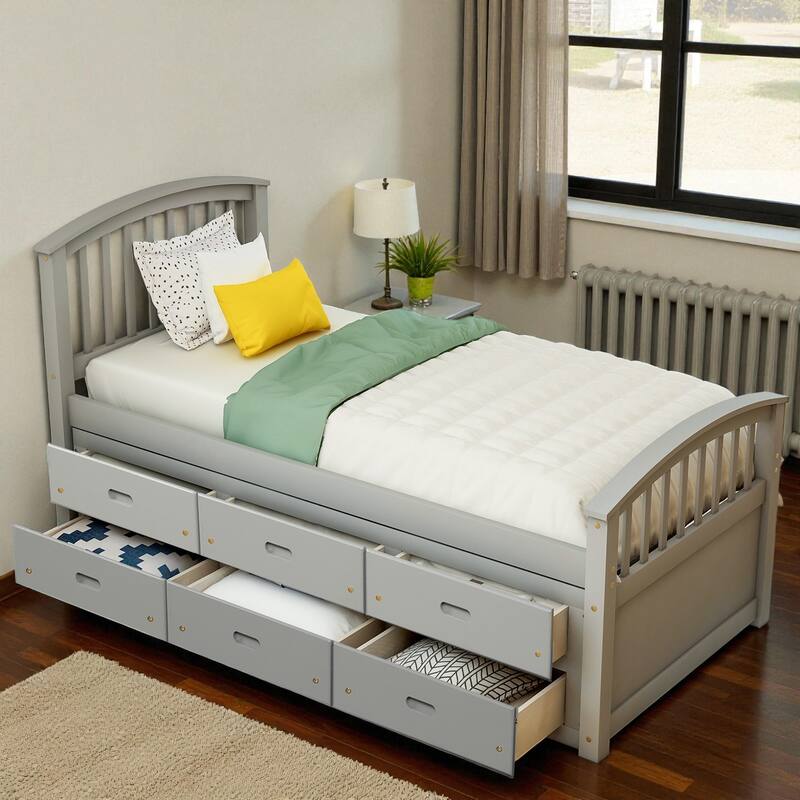 Twin Size Solid Wood Platform Bed with 6 Storage Drawers, Pine Wood Frame with Slats, No Box Spring Needed