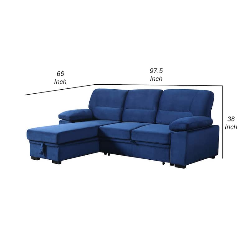 Exie 98 Inch 2 Piece Sectional Sofa, Pull Out Bed, Storage, Blue Velvet