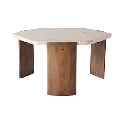 Travertine Mango Wood Coffee Table Curved Legs Modern Glam - 17" Brown - 32" x 32" x 17"