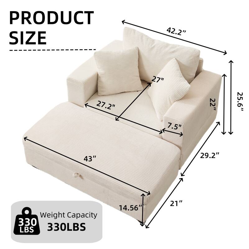 Chaise Lounge Chair with Removable Ottoman, Modern Accent Armchair Corduroy Sleeper Sofa Chair with Pillows for Living Room