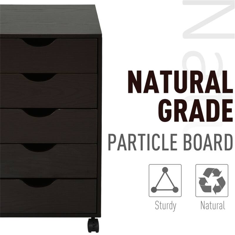 26.5" High Brown Smooth Glide 5 Drawers Storage Cabinet with Casters for Office and Home Use