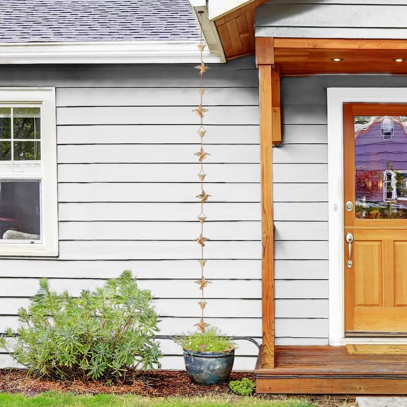 Glitzhome 8.5ft Faux Copper Gold Hummingbirds & Cups Rain Chain with V-Shaped Gutter Clip