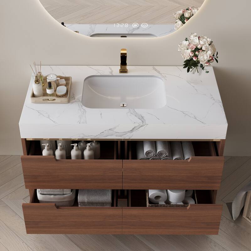 35.4" Farmhouse Floating Bathroom Vanity - Sintered Stone Top with Undermount Sink, 4 Drawers, Wall-Mounted