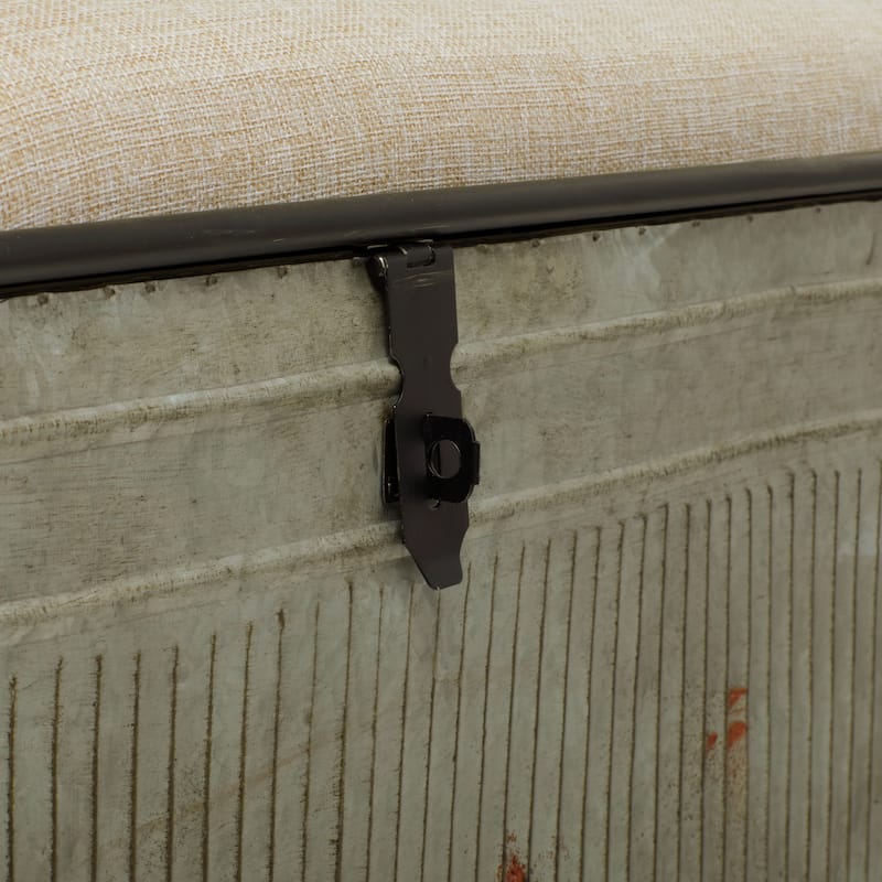 Gray Metal Galvanized Storage Bench with Cream Upholstered Burlap Top Seat - 2 Sizes
