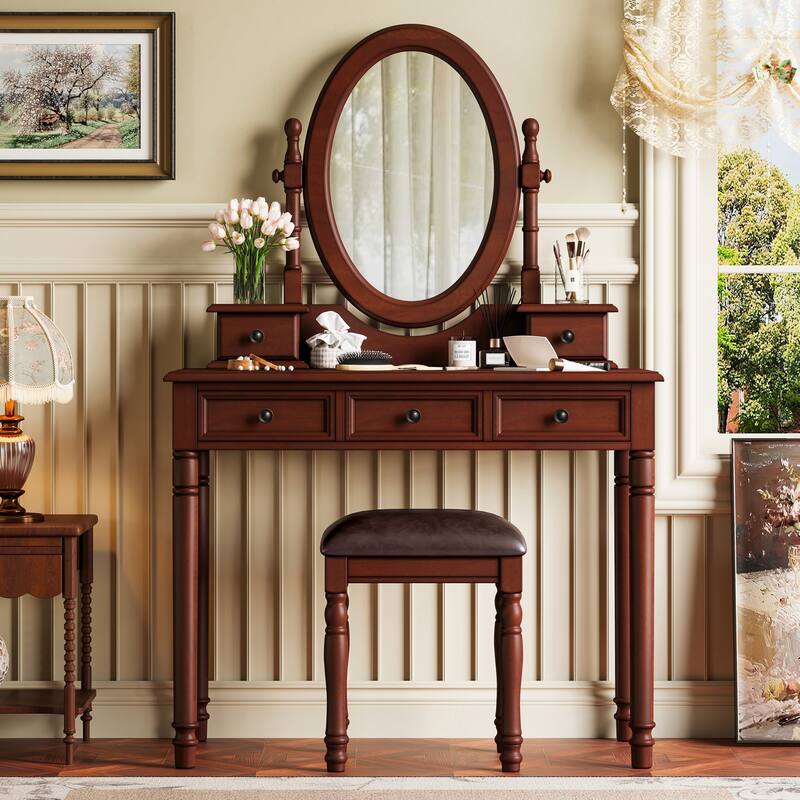 Vintage Vanity Desk Set with Adjustable Mirror - Wooden Makeup Table & Velvet Stool, 5 Drawers for Bedroom