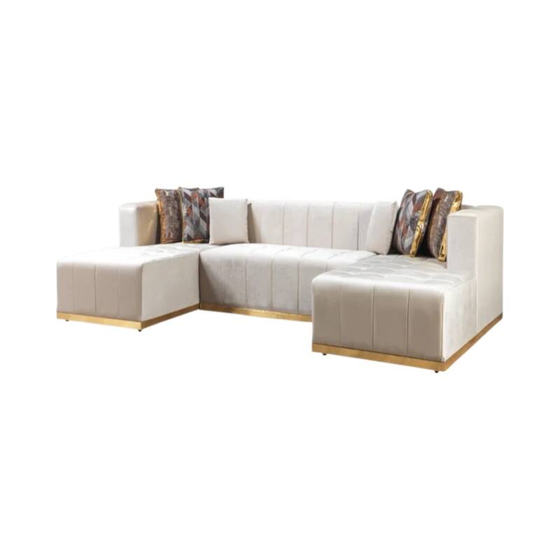 HomeRoots Ivory Velvet U Shaped Three Piece Sofa and Chaise Sectional With Toss Pillows