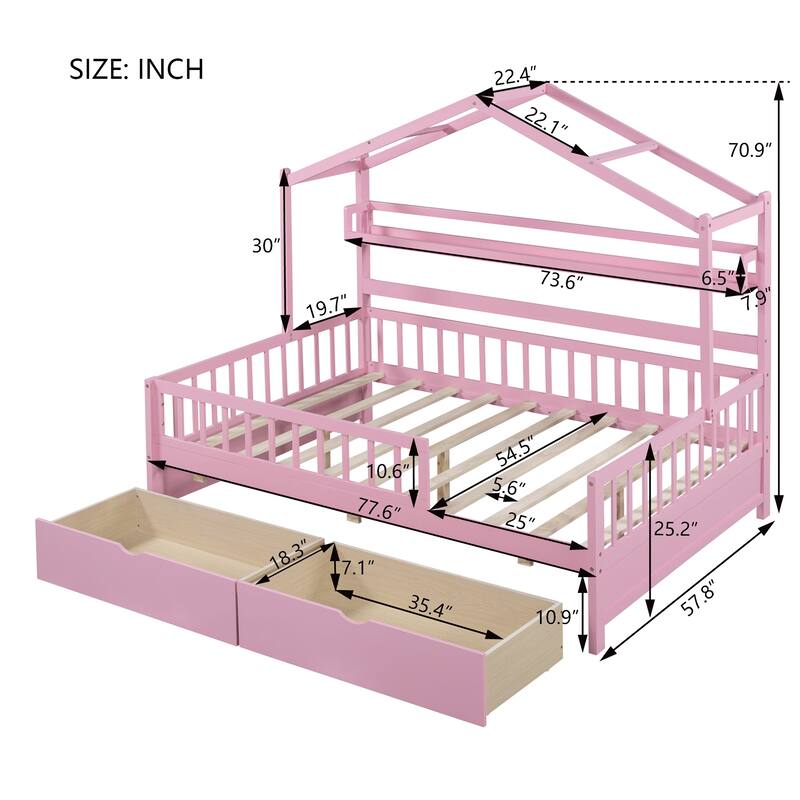 Pine House Bed with Drawers, Shelf & Guardrail