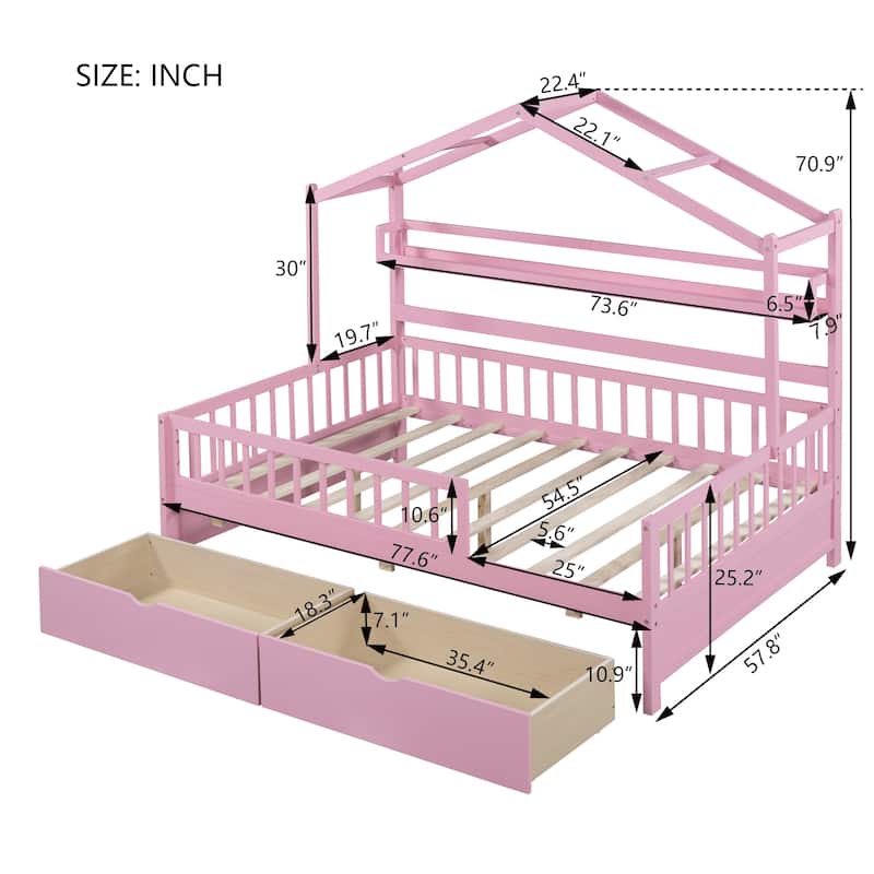 Twin/Full Size Kids House Bed with Storage Drawers and Shelf, Wooden Playhouse Bed with Roof Design