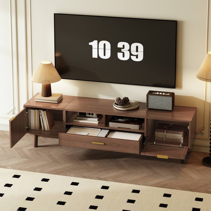 Roomfitters Modern TV Stand for 75 Inch TV, Cabinet with Soft Closing Door and Drop Down Door, Living Room Console, Walnut
