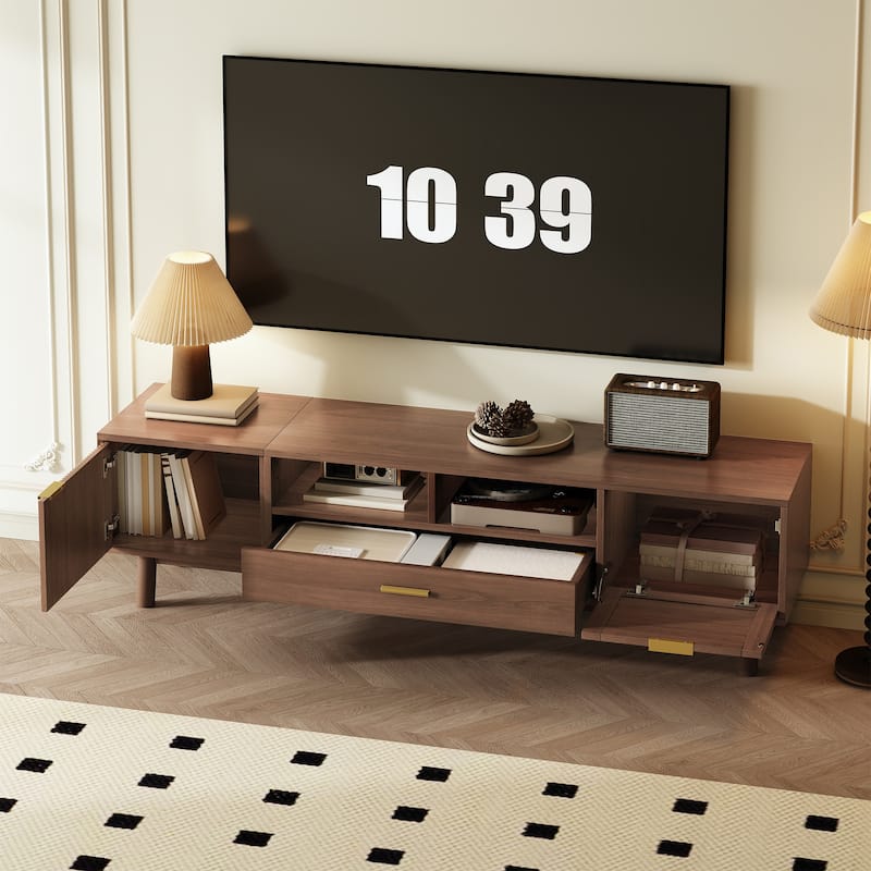 Wood TV Stand for 75" TVs, Rattan Cabinet TV Cabinet with Soft-Closing Door & Drop-Down Door for Living Room, Solid Wood Legs