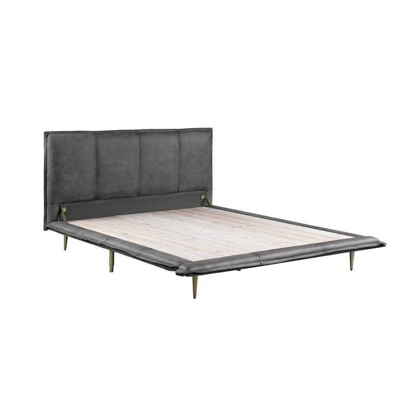 Top Grain Leather Bed with Metal Legs in Gray Finish - Queen
