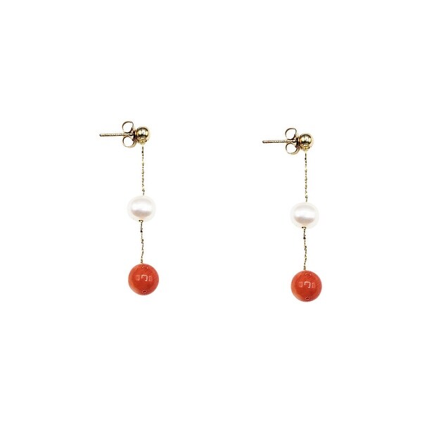 Red Coral and Pearl Dangling Earrings 