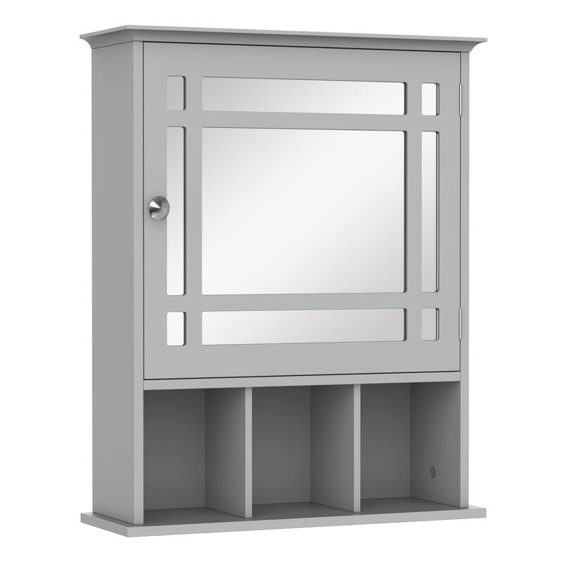 Wall-Mounted Bathroom Medicine Cabinet with Mirror, Large Storage Space, 3 Open Shelves for Bathroom, Living Room, and Kitchen - 6.5X19 in - Grey + MDF
